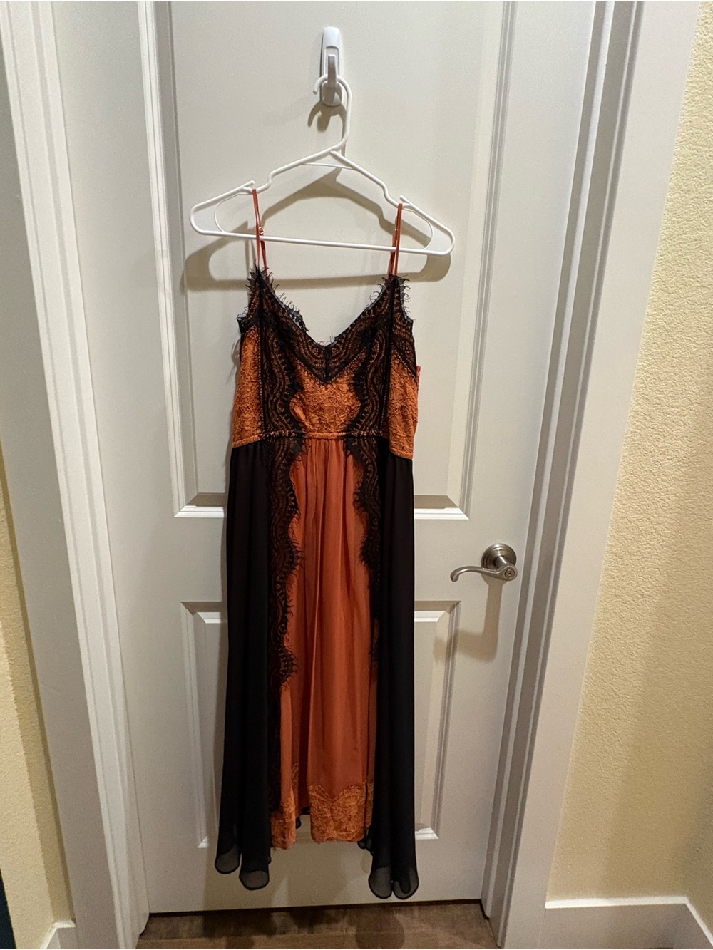 Rust and Black Lace Maxi Slip Dress with Sheer Overlay